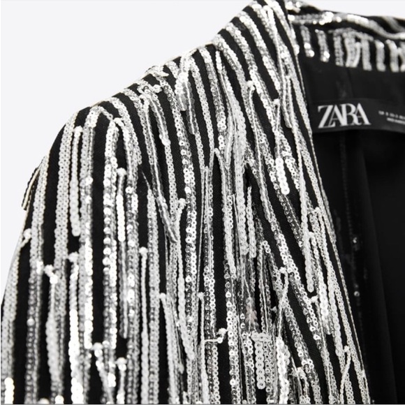 Zara Fringe Sequined Blazer Silver Size XS NEW - Picture 7 of 16